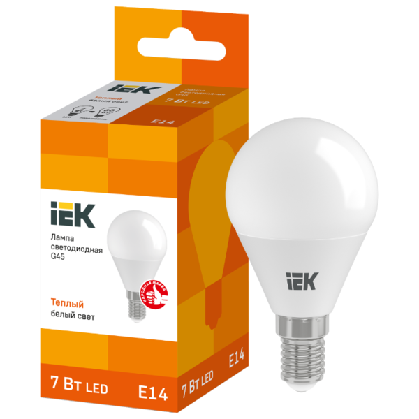 Лампа светодиодная IEK ECO шар 3000K, E14, G45, 7Вт