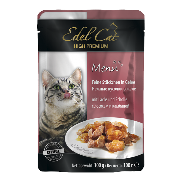 Корм для кошек Edel Cat с лососем, с камбалой 100 г (кусочки в желе)