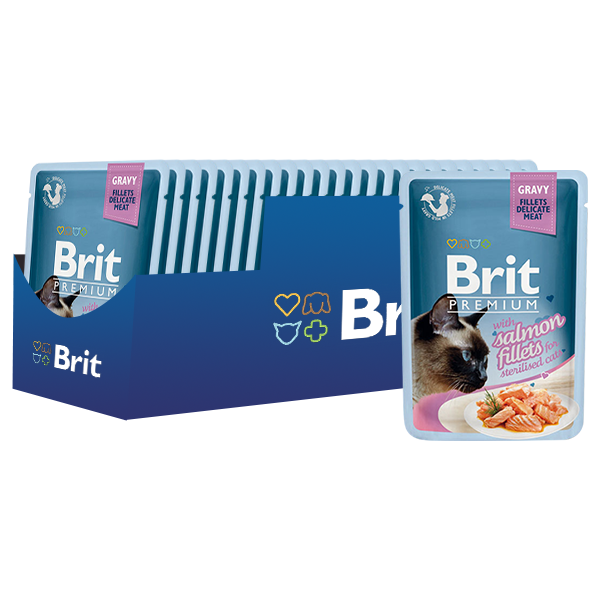 Корм для стерилизованных кошек Brit Premium беззерновой, с лососем 85 г (кусочки в соусе)