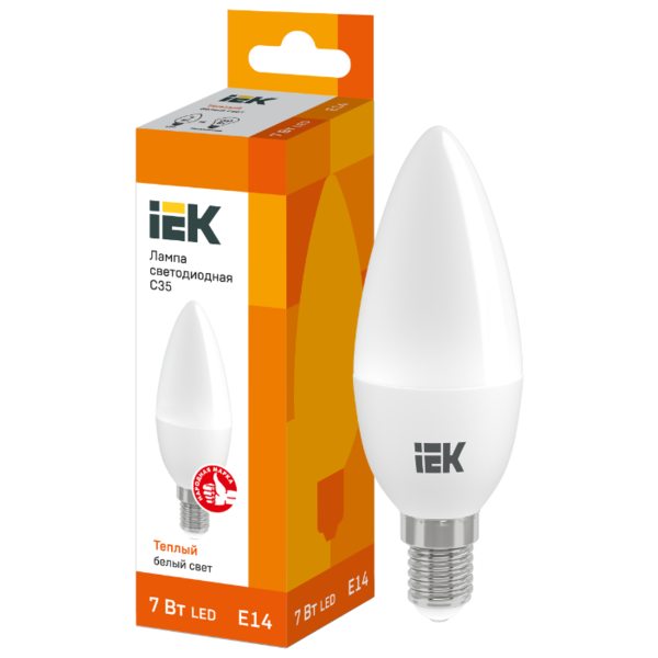 Лампа светодиодная IEK ECO 3000K, E14, C35, 7Вт