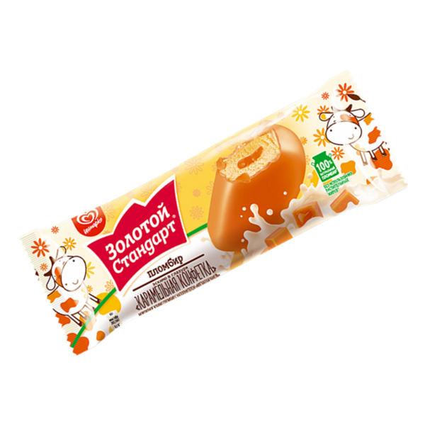 Мороженое Золотой стандарт пломбир эскимо Золотой Стандарт Карамельная конфетка в глазури 61 г