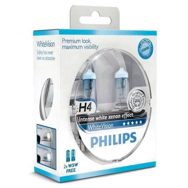 Лампа автомобильная галогенная Philips H4 White Vision 3700K 12V 60/55W + W5W 12V 5W 2 шт.