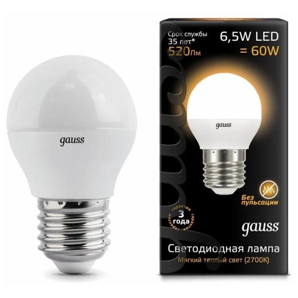 Лампа светодиодная gauss 105102107, E27, G45, 6.5Вт