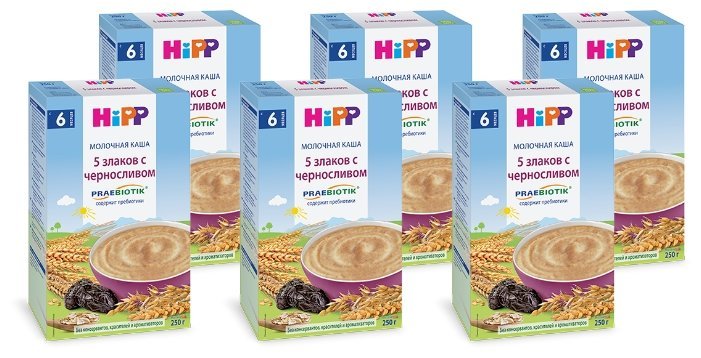 HiPP молочная 5 злаков с черносливом с пребиотиками (c 6 месяцев) 250 г, 6 шт.