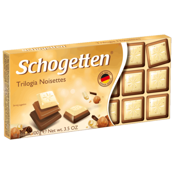 Шоколад Schogetten Trilogia Noisettes белый с грильяжем и фундуком+молочный с джандуей+молочный порционный