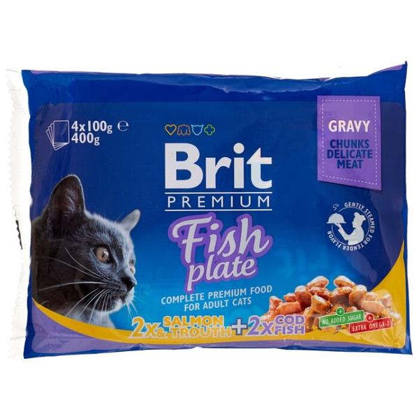 Корм для кошек Brit Premium Fish Plate беззерновой, с треской, с лососем, с форелью 4шт. х 100 г (кусочки в соусе)