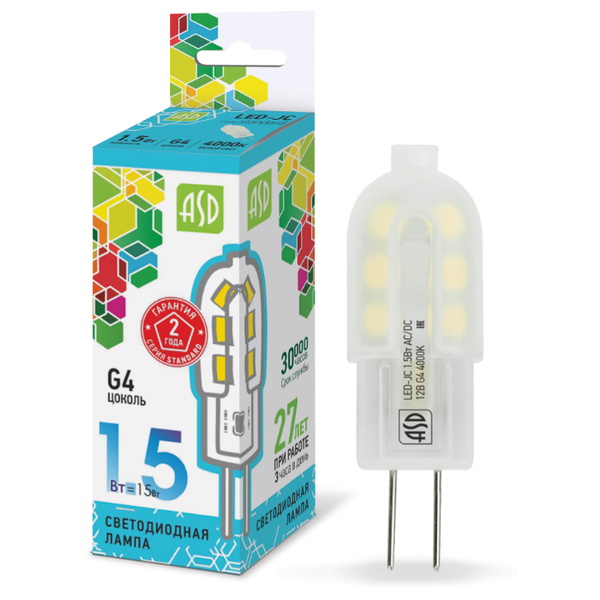 Лампа светодиодная ASD LED-STD 4000K, G4, JC11, 1.5Вт