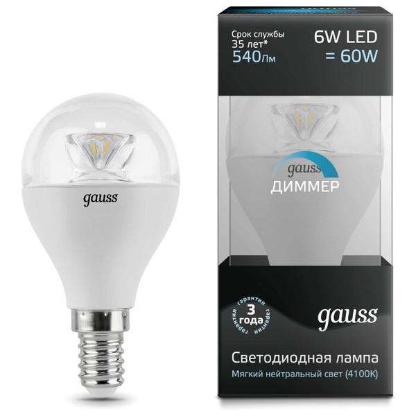 Лампа светодиодная gauss 105201206-D, E14, G45, 6Вт