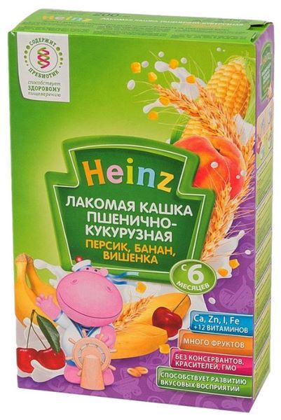 Heinz Лакомая молочная пшенично-кукурузная персик, банан, вишенка (с 6 месяцев) 200 г
