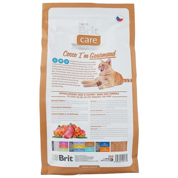 Корм для кошек Brit Care Cocco беззерновой, при чувствительном пищеварении, с лососем, с уткой