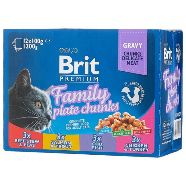 Корм для кошек Brit Premium Family Plate с курицей, с индейкой, с говядиной, с треской, с лососем, с форелью 12шт. х 100 г (кусочки в соусе)