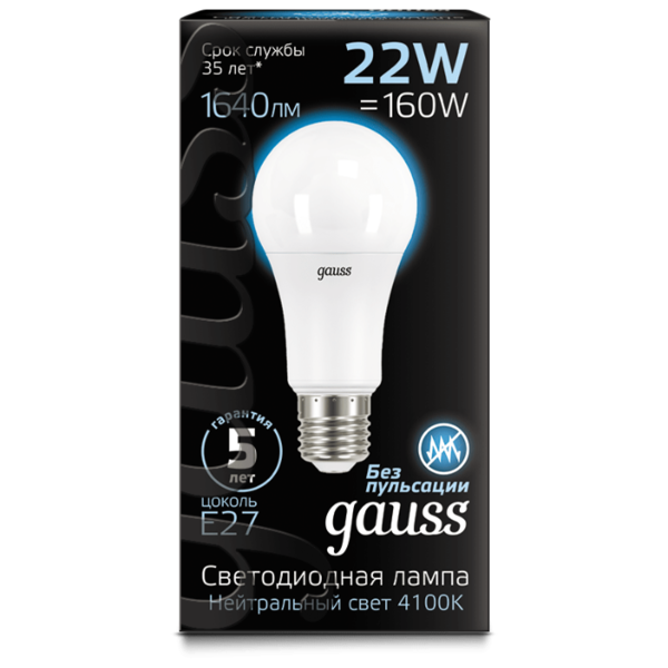 Лампа светодиодная gauss 102502222, E27, A70, 22Вт