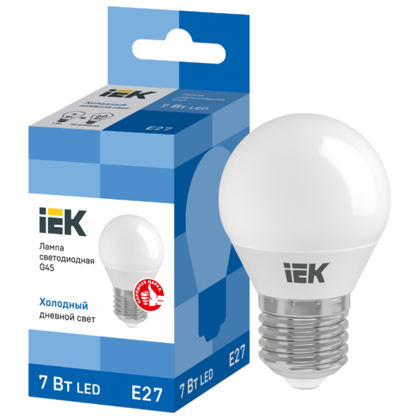 Лампа светодиодная IEK ECO шар 6500K, E27, G45, 7Вт