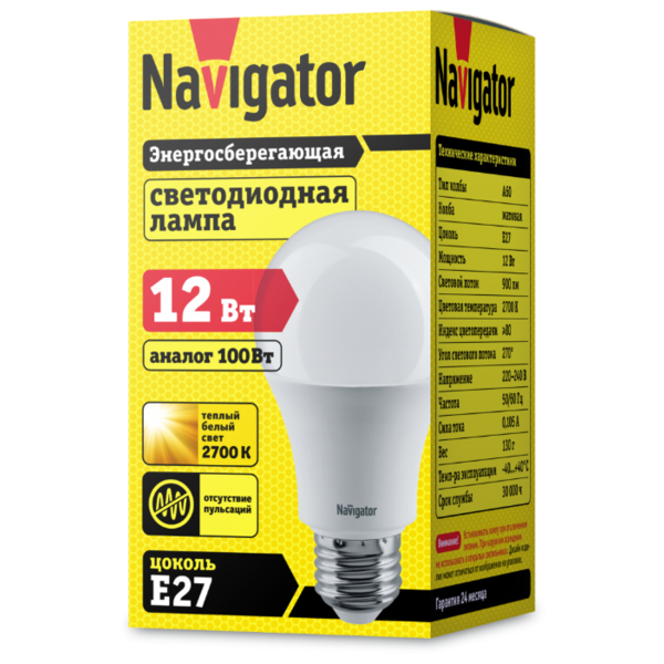 Лампа светодиодная Navigator 71296, E27, A60, 12Вт