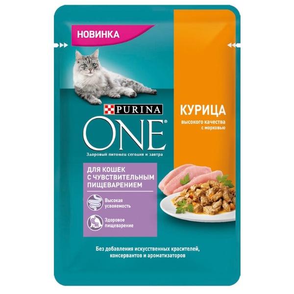 Корм для кошек Purina ONE при чувствительном пищеварении, с курицей и с морковью 75 г