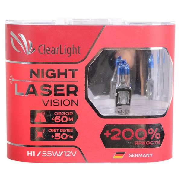 Лампа автомобильная галогенная ClearLight Night Laser Vision +200% MLH1NLV200 H1 12V 55W 2 шт.