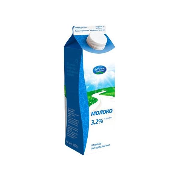 Молоко Молочное царство пастеризованное 3.2%, 0.9 кг
