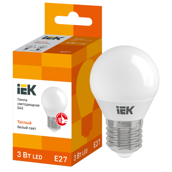 Лампа светодиодная IEK ECO шар 3000K, E27, G45, 3Вт