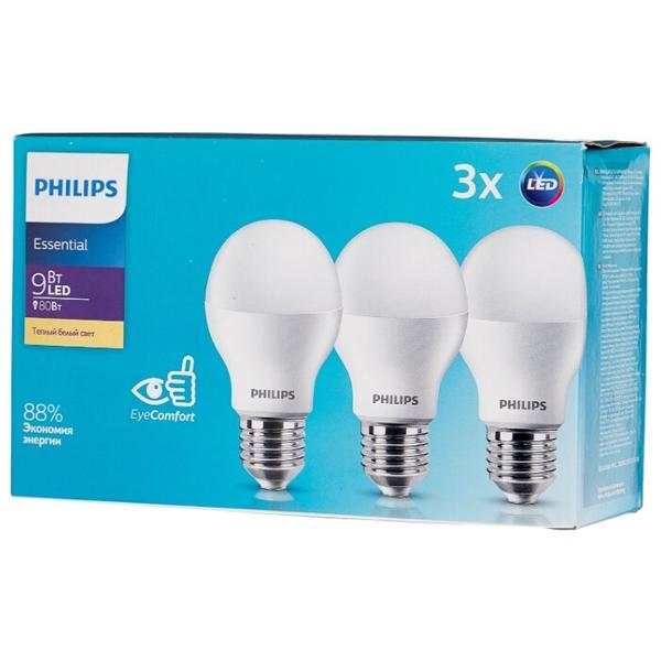Упаковка светодиодных ламп 3 шт Philips Essential LED 3CT 3000К, E27, A55, 9Вт