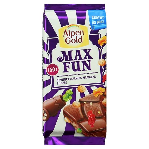 Шоколад Alpen Gold Max Fun молочный взрывная карамель, мармелад и печенье