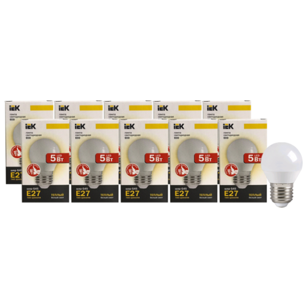 Упаковка светодиодных ламп 10 шт IEK LLE-230-30, E27, G45, 5Вт