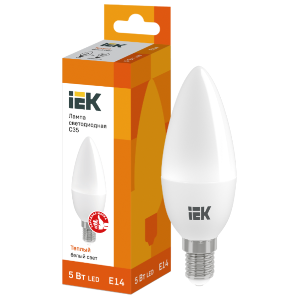 Лампа светодиодная IEK ECO 3000K, E14, C35, 5Вт