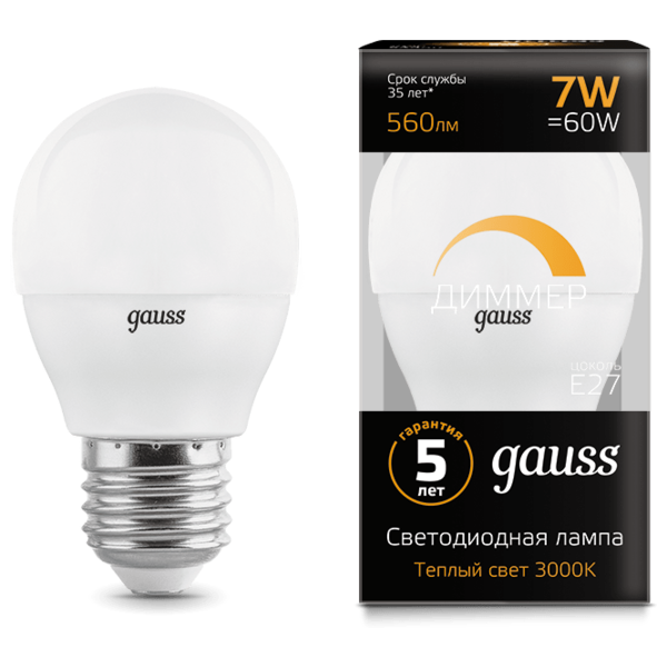 Лампа светодиодная gauss 105102107-D, E27, G45, 7Вт