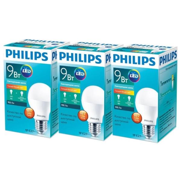 Упаковка светодиодных ламп 3 шт Philips Essential LED 3000К, E27, A60, 9Вт
