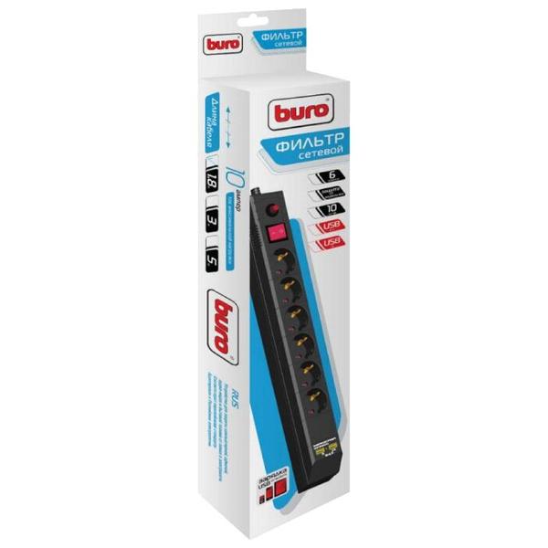 Сетевой фильтр Buro BU-SP1.8_USB_2A-B, 6 розеток, 1.8 м, с/з, 10А / 2200 Вт