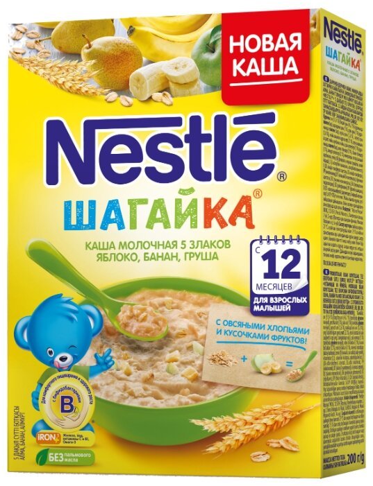 Nestlé молочная Шагайка 5 злаков с кусочками яблока, банана и грушей (с 12 месяцев) 200 г