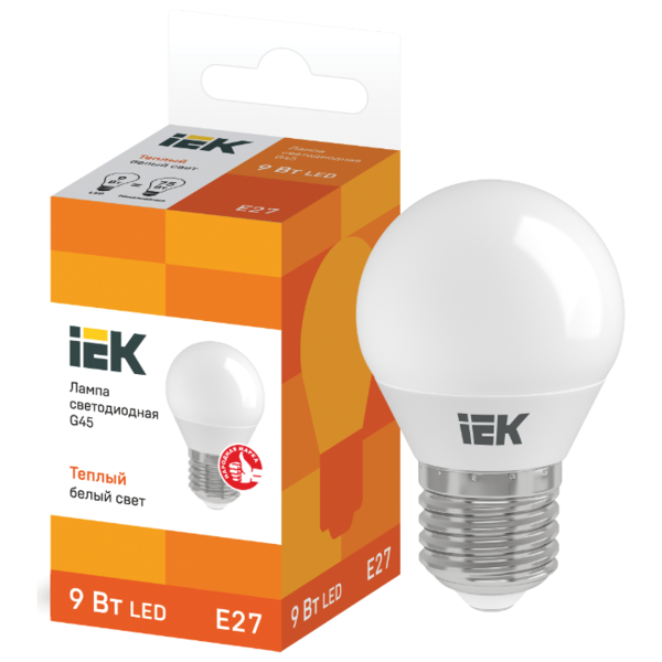 Лампа светодиодная IEK ECO шар 3000K, E27, G45, 9Вт