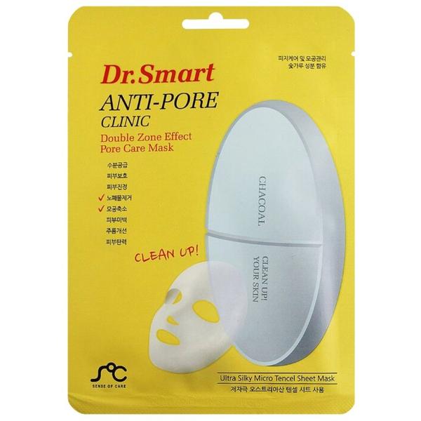 Rainbowbeauty Тканевая маска для очищения пор с древесным углём Dr.Smart Anti-Pore Clinic Double Zone Effect Pore Care Mask