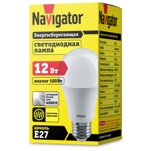 Лампа светодиодная Navigator 71297, E27, A60, 12Вт