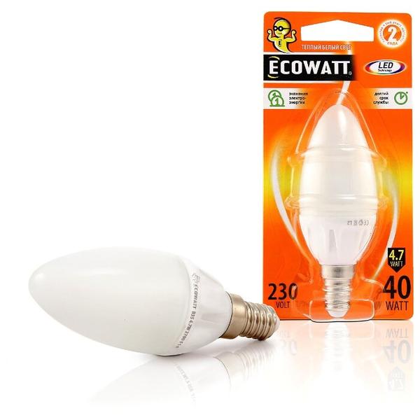 Лампа светодиодная Ecowatt 230В 2700K, E14, C35, 4.7Вт