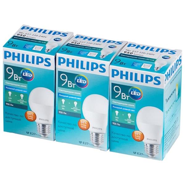 Упаковка светодиодных ламп 3 шт Philips Essential LED 6500К, E27, A60, 9Вт
