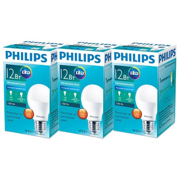 Упаковка светодиодных ламп 3 шт Philips Essential LED 6500К, E27, A60, 12Вт