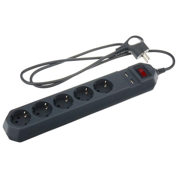 Сетевой фильтр ЭРА USF-5es-USB-B (Б0019036), 5 розеток, 1.1 м, с/з, 10А / 2200 Вт