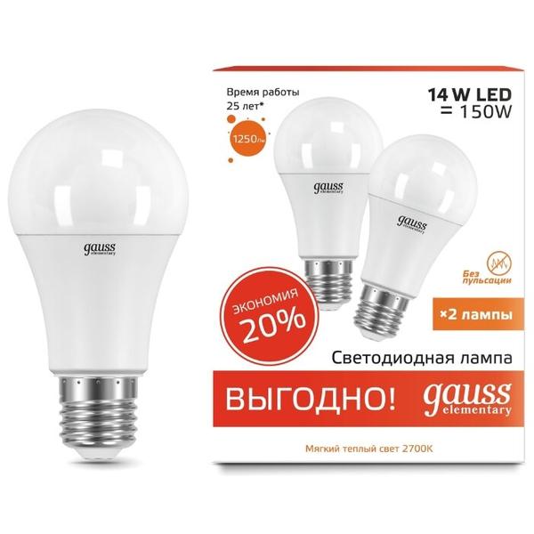 Упаковка светодиодных ламп 2 шт gauss 23214P, E27, A60, 14Вт