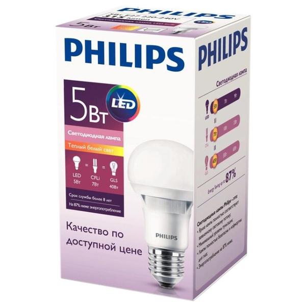 Лампа светодиодная Philips Essential LED 3000К, E27, A60, 5Вт