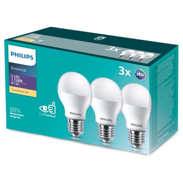 Упаковка светодиодных ламп 3 шт Philips LED 3000K, E27, A55, 11Вт