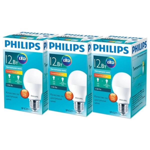 Упаковка светодиодных ламп 3 шт Philips Essential LED 3000К, E27, A60, 12Вт