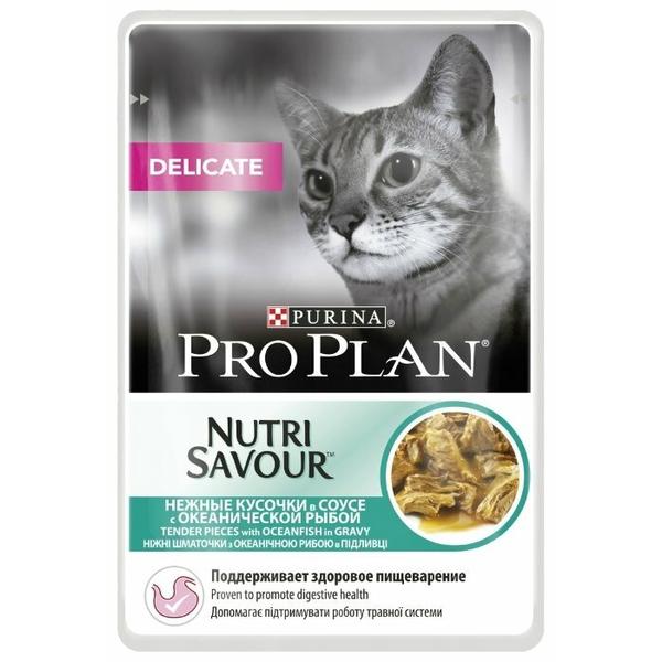 Корм для кошек Pro Plan Nutrisavour Delicate беззерновой, при чувствительном пищеварении, с океанической рыбой 85 г (кусочки в соусе)