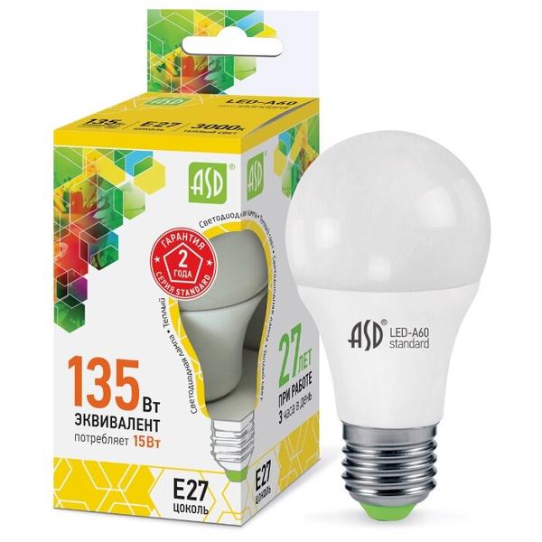 Лампа светодиодная ASD LED-STD 3000K, E27, A60, 15Вт