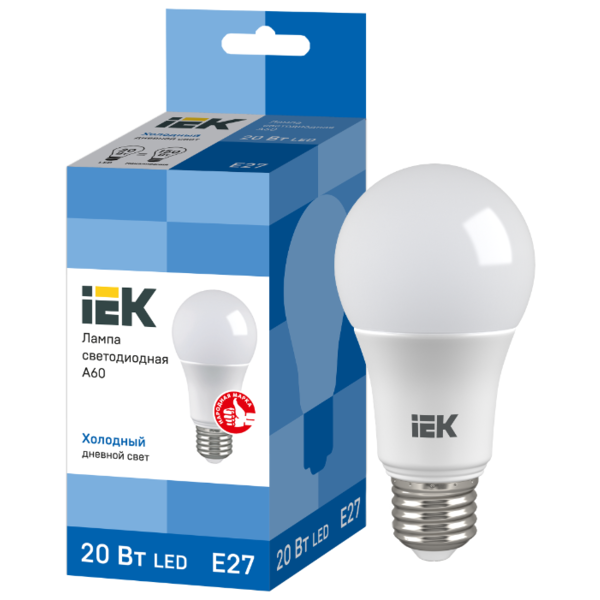 Лампа светодиодная IEK ECO 6500K, E27, A60, 20Вт