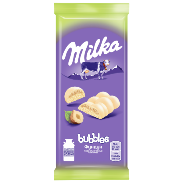 Шоколад Milka Bubbles белый пористый с фундуком
