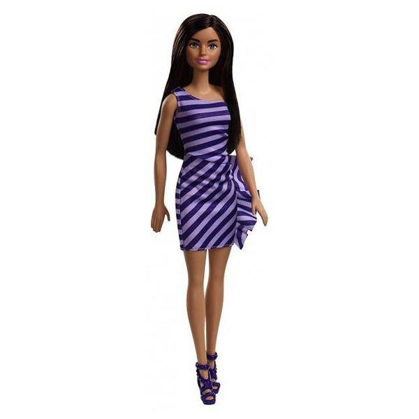 Кукла Barbie Сияние моды Брюнетка в полосатом фиолетовом платье, 29 см, FXL69