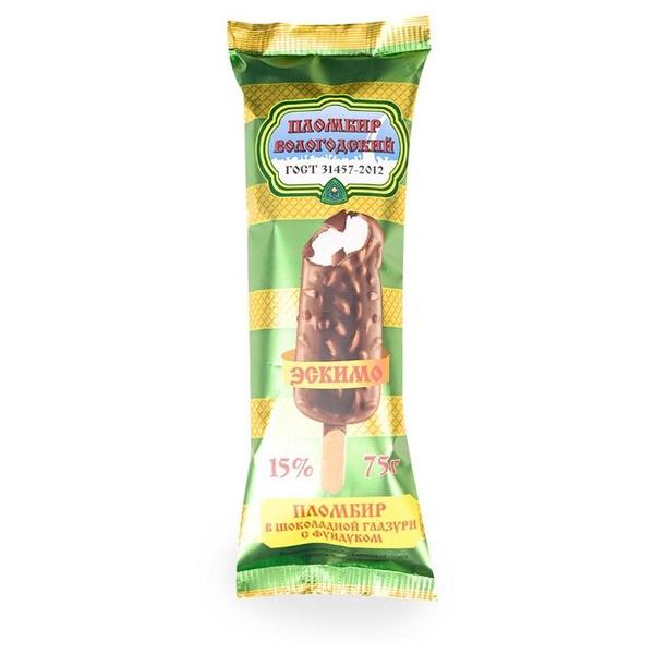 Мороженое Вологодский пломбир пломбир Эскимо в шоколадной глазури с фундуком 75 г