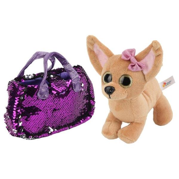 Мягкая игрушка Играем вместе Собака чихуахуа в фиолетовой сумочке из пайеток 19 см