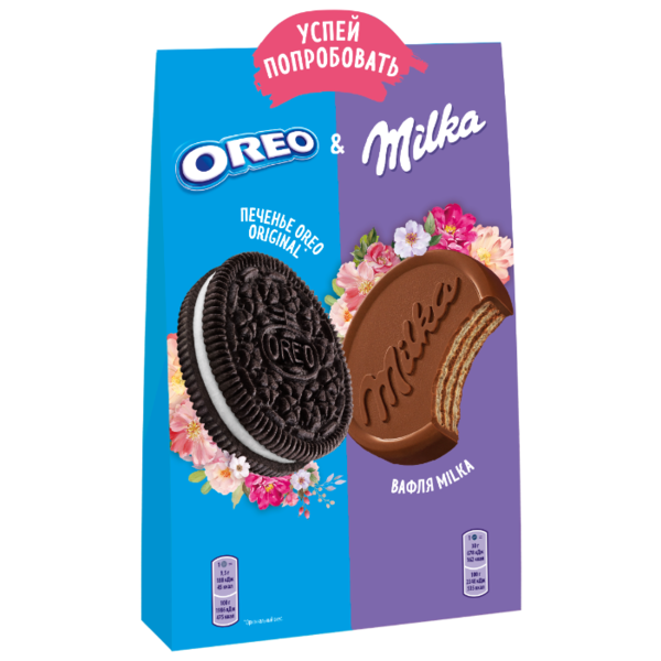 Печенье Milka +Oreo с какао и начинкой с ванильным вкусом и вафли с начинкой какао с молочным шоколадом, 174 г