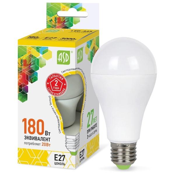 Лампа светодиодная ASD LED-Standard 3000K, E27, A60, 20Вт